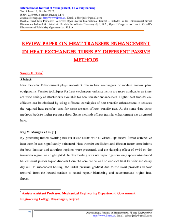 (PDF) Review Paper On Heat Transfer Enhancement In Heat Exchanger Tubes ...