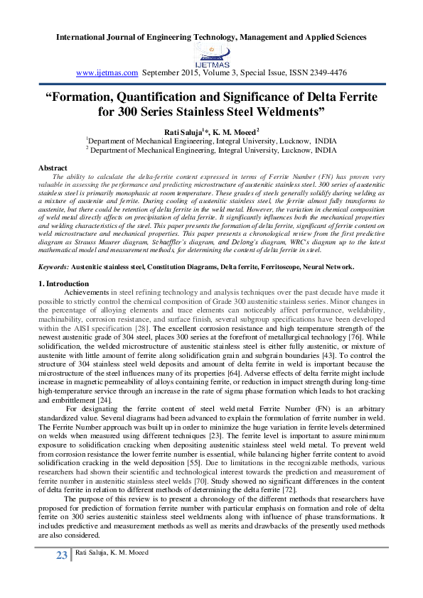 (PDF) " Formation, Quantification and Significance of Delta Ferrite for