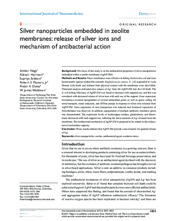 (PDF) Silver nanoparticles embedded in zeolite membranes: release of ...