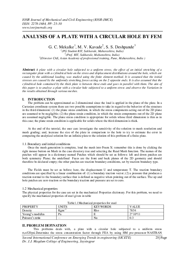 (PDF) ANALYSIS OF A PLATE WITH A CIRCULAR HOLE BY FEM