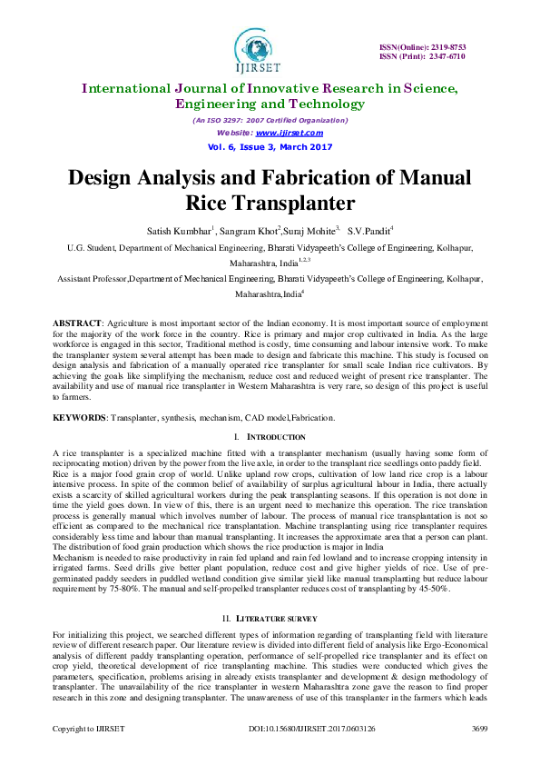 (PDF) Design Analysis and Fabrication of Manual Rice Transplanter