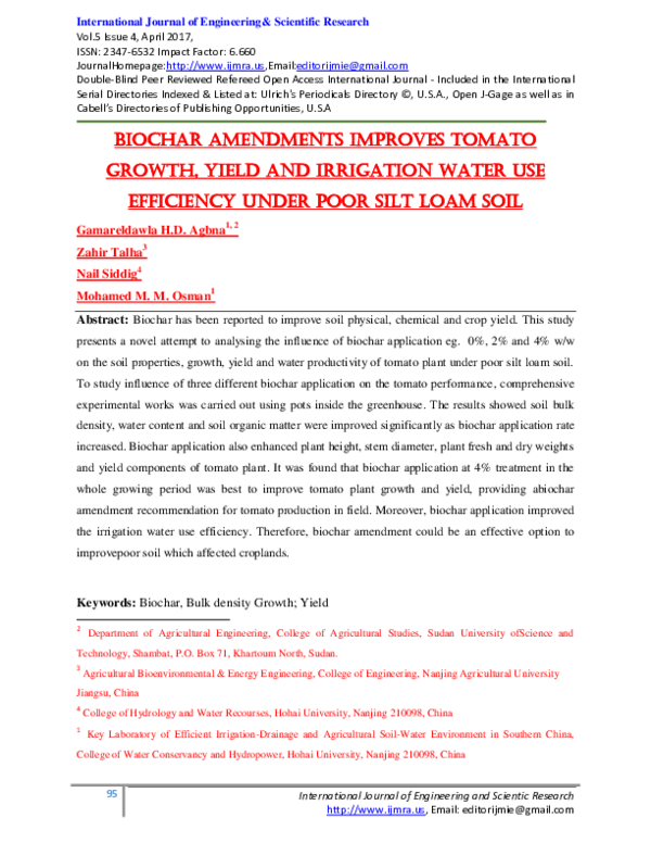 (PDF) Biochar amendments improves tomato growth, yield and irrigation ...