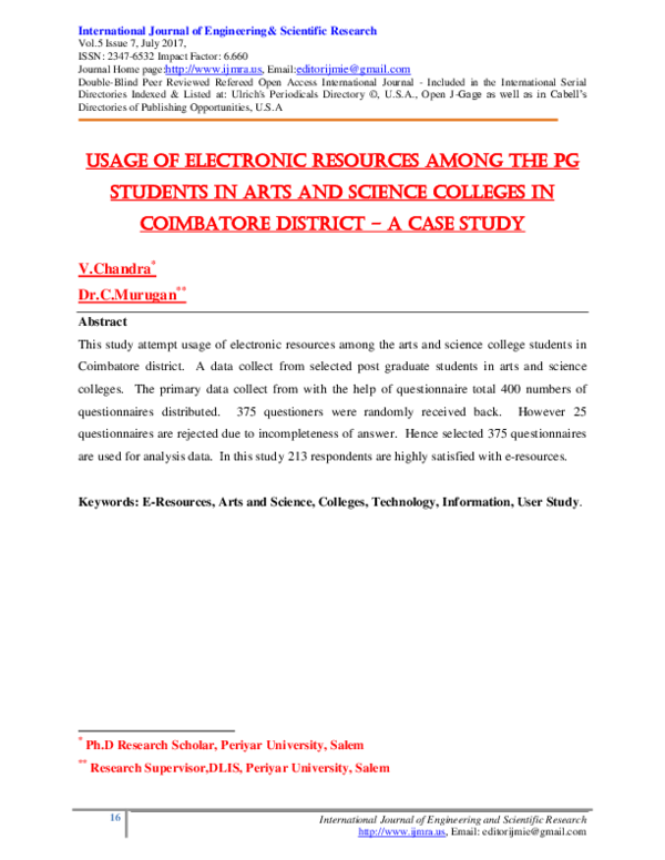 (PDF) USAGE OF ELECTRONIC RESOURCES AMONG THE PG STUDENTS IN ARTS AND ...