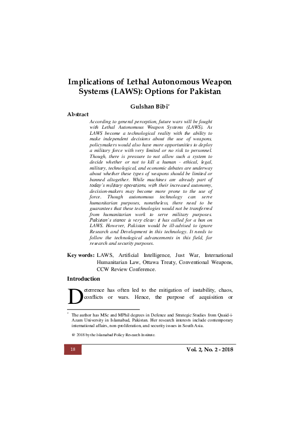 (PDF) Implications of Lethal Autonomous Weapon System (LAWS) Options ...