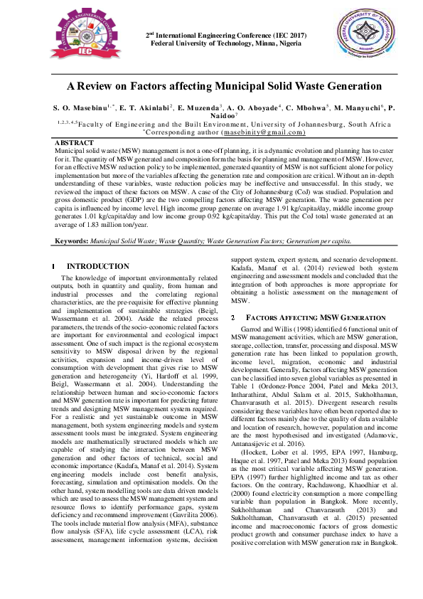 Pdf A Review On Factors Affecting Municipal Solid Waste Generation