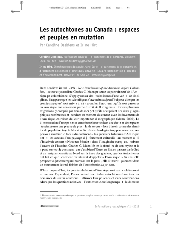 (PDF) Les autochtones au Canada : espaces et peuples en mutation