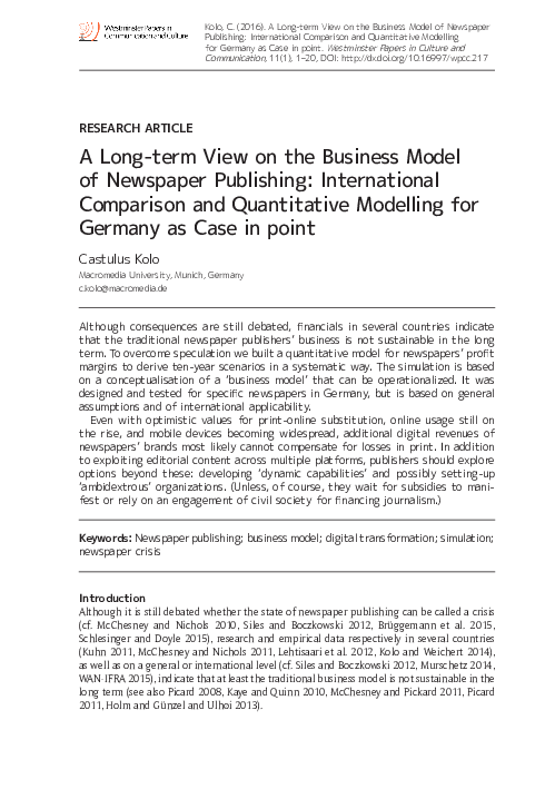 (PDF) A Long-term View on the Business Model of Newspaper Publishing ...