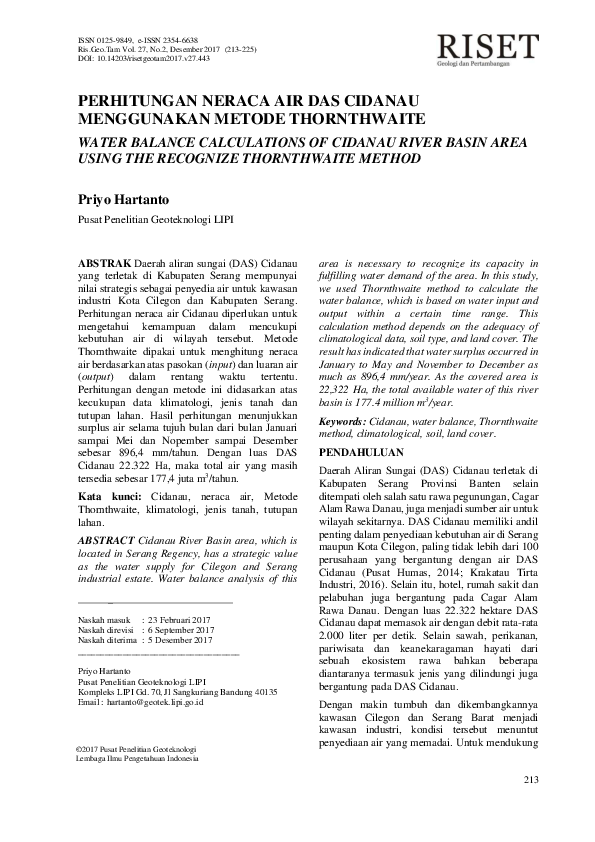 (PDF) PERHITUNGAN NERACA AIR DAS CIDANAU MENGGUNAKAN METODE