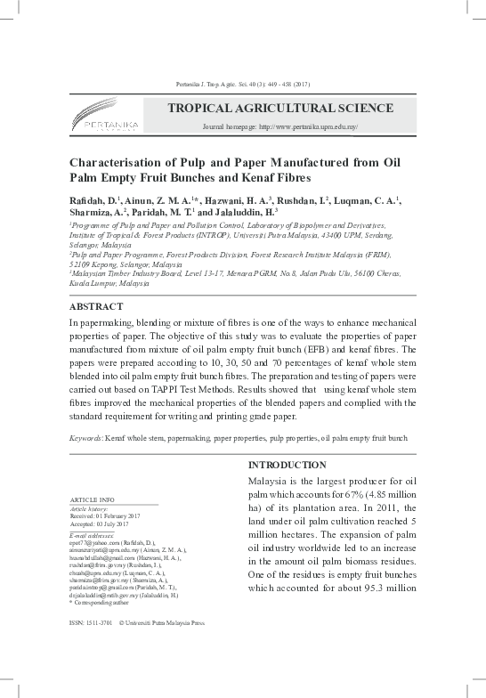 (PDF) Characterisation of Pulp and Paper Manufactured from Oil Palm ...
