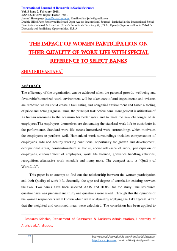 (PDF) THE IMPACT OF WOMEN PARTICIPATION ON THEIR QUALITY OF WORK LIFE ...