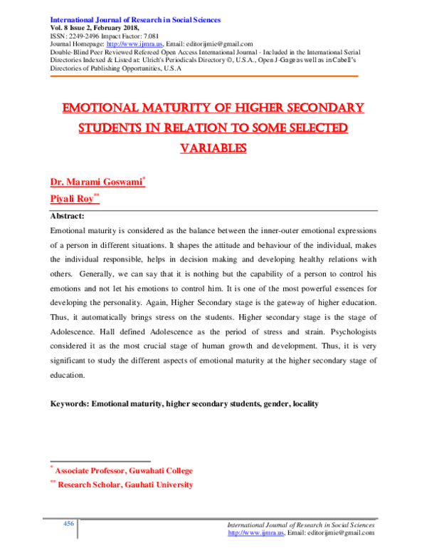 (PDF) Emotional Maturity of Higher Secondary students in Relation to ...