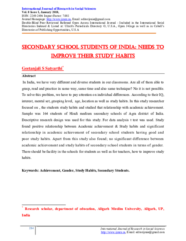 (PDF) Secondary School Students of India: Needs To Improve Their Study ...
