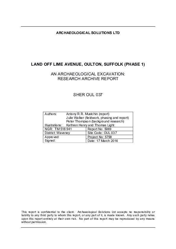 Land Off Lime Avenue, Oulton, Suffolk (Phase 1) ~ An Archaeological Excavation