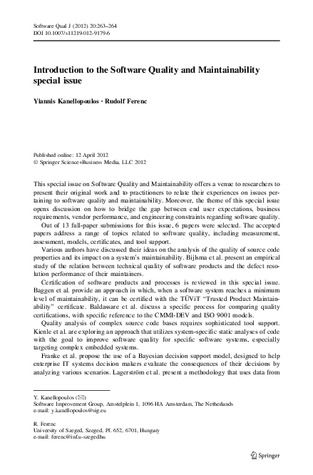 (PDF) Introduction to the Software Quality and Maintainability special ...
