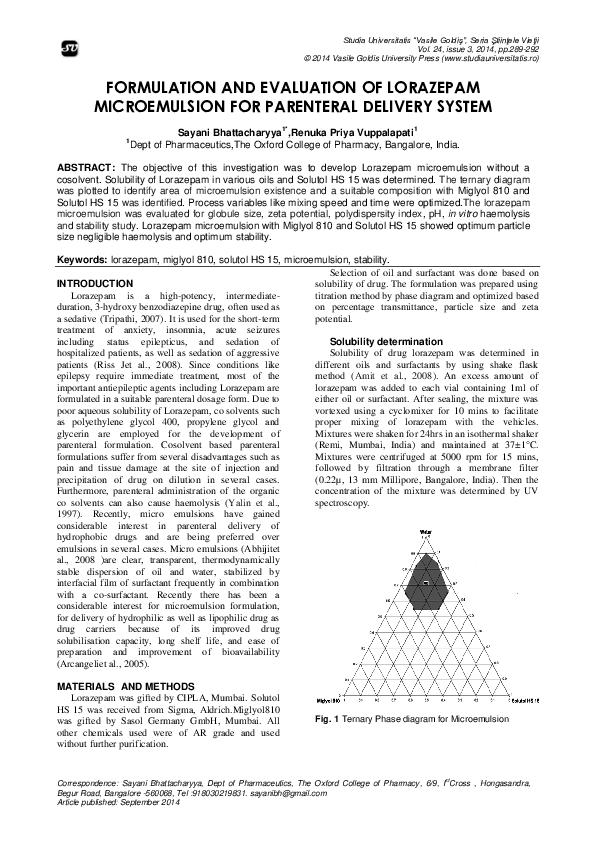(PDF) FORMULATION AND EVALUATION OF LORAZEPAM MICROEMULSION FOR ...