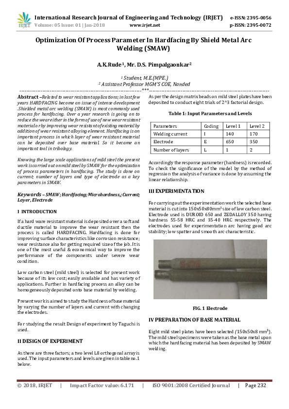 (PDF) Optimization of Process Parameter in Hardfacing by Shield Metal