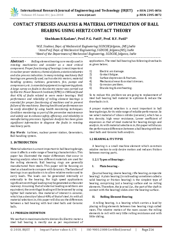 (PDF) CONTACT STRESSES ANALYSIS & MATERIAL OPTIMIZATION OF BALL BEARING