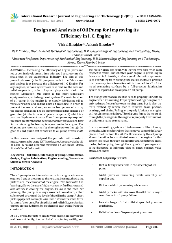 (PDF) Design and Analysis of Oil Pump for Improving its Efficiency in I