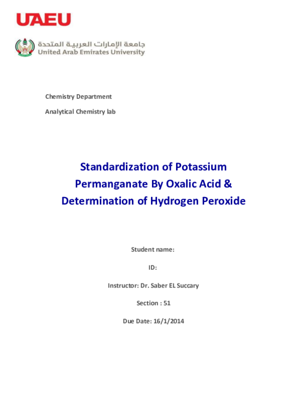 (DOC) Standardization of Potassium Permanganate By Oxalic Acid & Determination of Hydrogen