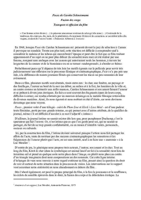 (PDF) Fuses de Carolee Schneemann Fusion des corps Transport et