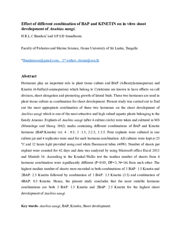 (DOC) Effect of different combination of BAP and KINETIN on in vitro ...