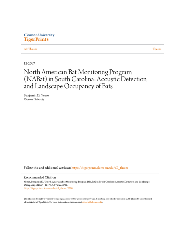 (PDF) North American Bat Monitoring Program (NABat) in South Carolina ...