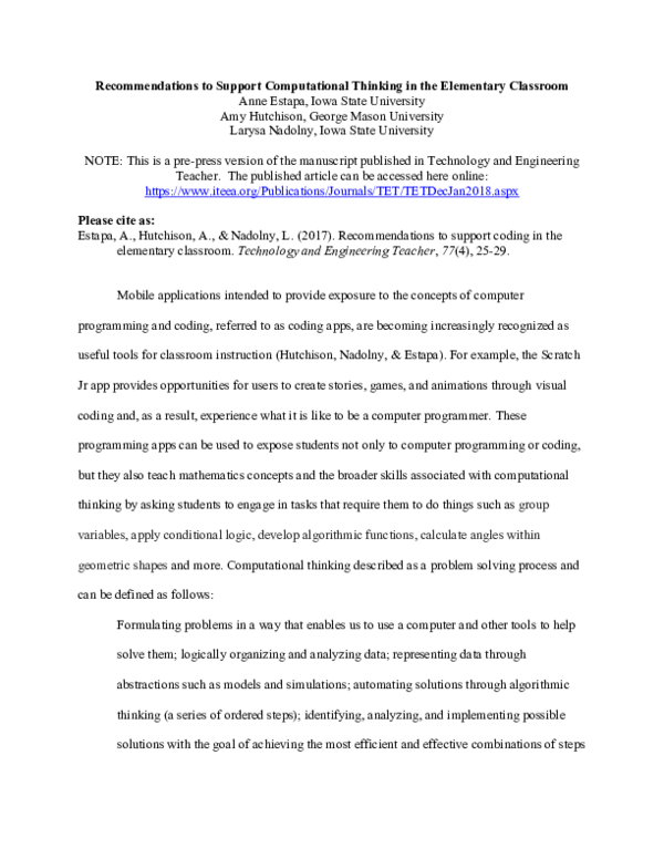 (PDF) Recommendations to Support Computational Thinking in the ...