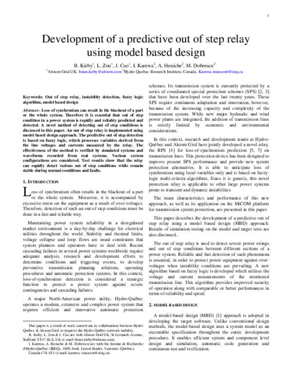 (PDF) Development of a predictive out of step relay using model based ...