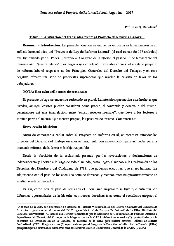 (PDF) La situación del trabajador frente al Proyecto de Reforma Laboral