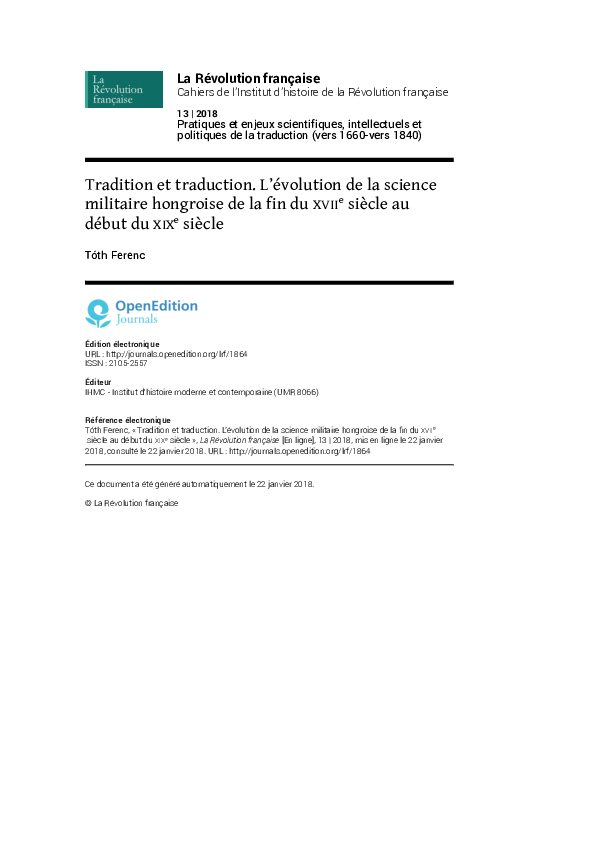 Tradition et traduction. L’évolution de la science militaire hongroise de la fin du XVIIe siècle au début du XIXe siècle