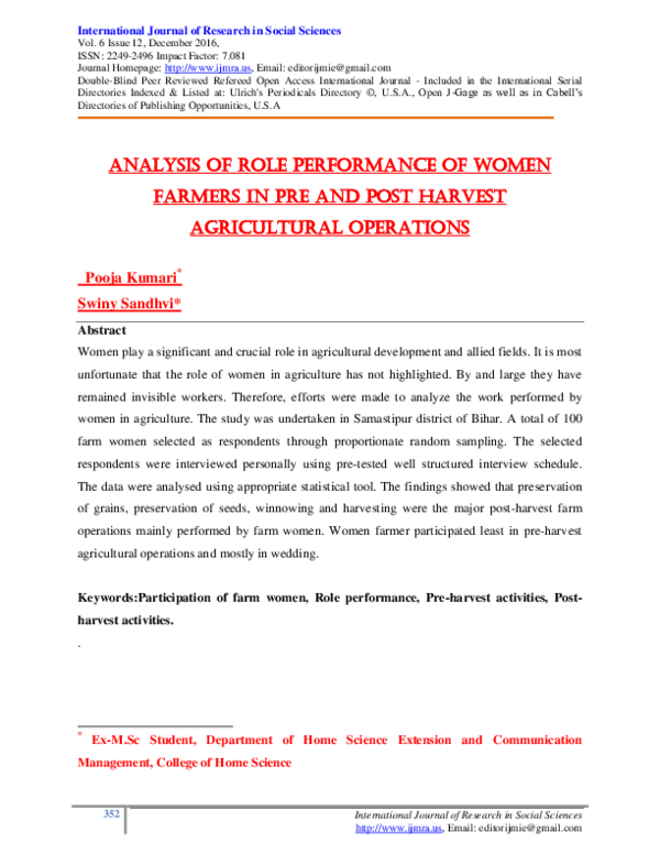 (PDF) Analysis of Role Performance of Women Farmers in Pre and Post ...