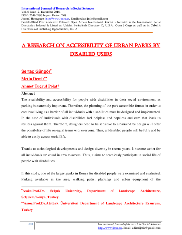 (PDF) A ReseARch on Accessıbılıty of uRbAn pARks by dısAbled useRs