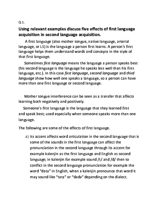 (DOC) Using relevant examples discuss five effects of first language ...