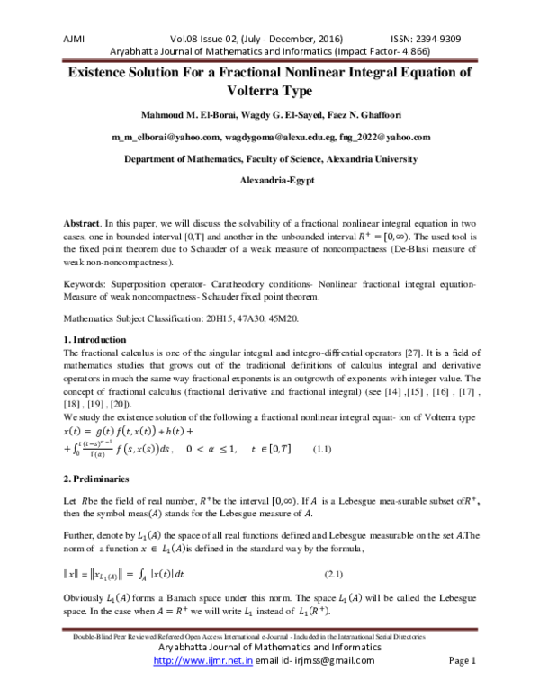 (PDF) Existence Solution For a Fractional Nonlinear Integral Equation ...