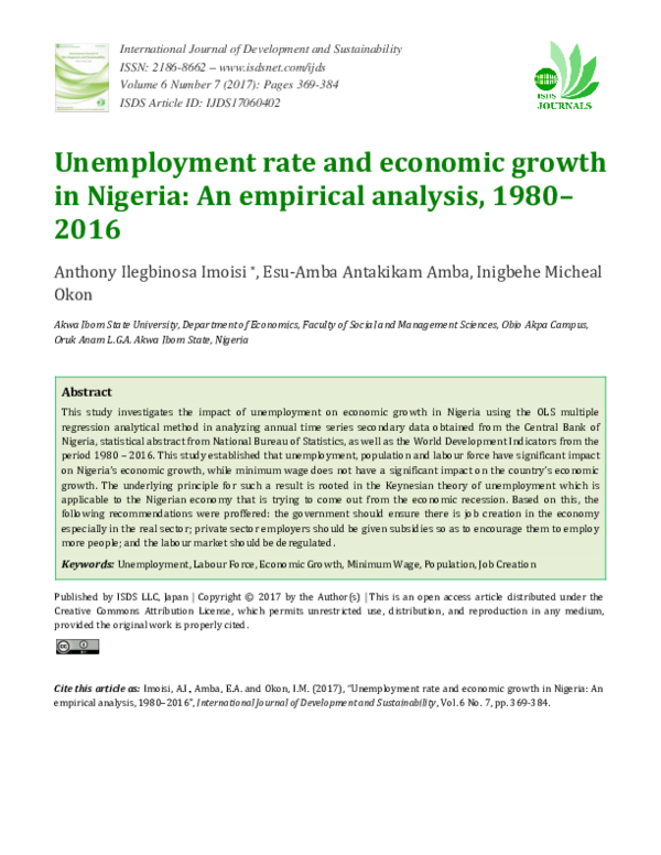 (PDF) Unemployment rate and economic growth in Nigeria: An empirical ...