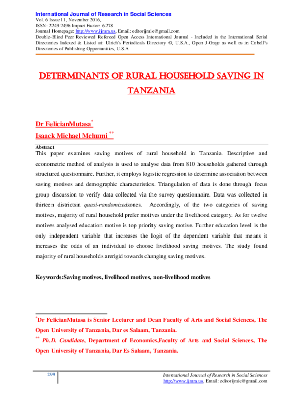 (PDF) Determinants of Rural Household Saving in Tanzania