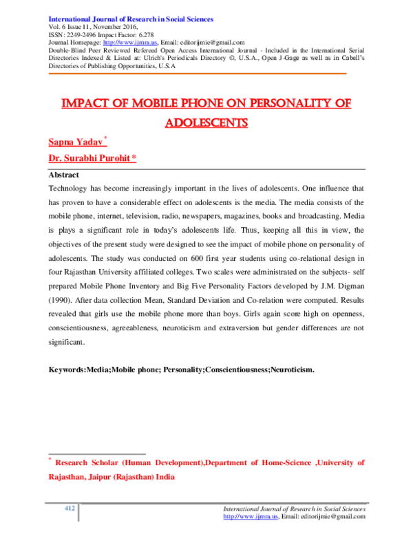 (PDF) Impact of Mobile Phone on Personality of Adolescents