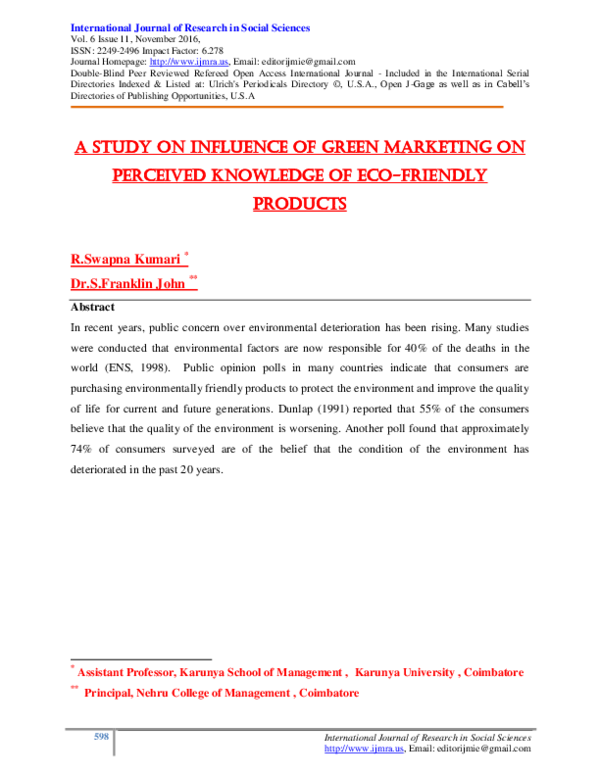 (PDF) A STUDY ON INFLUENCE OF GREEN MARKETING ON PERCEIVED KNOWLEDGE OF ...