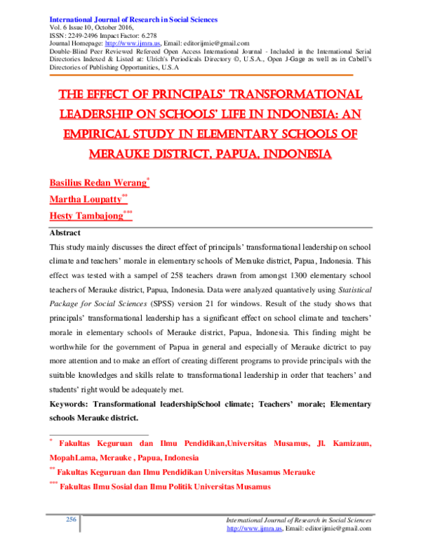 (PDF) the effect of principals' transformational leadership on schools ...