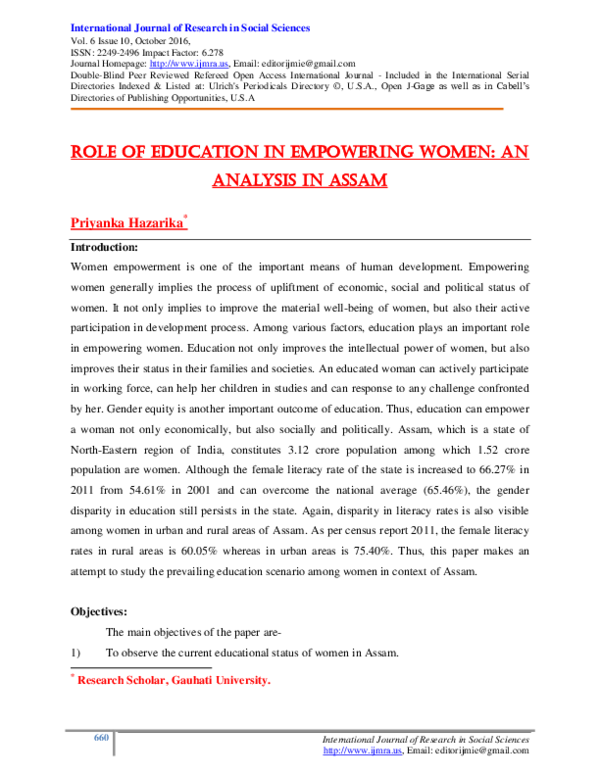 (PDF) Role of Education in empowering Women: an analysis in Assam