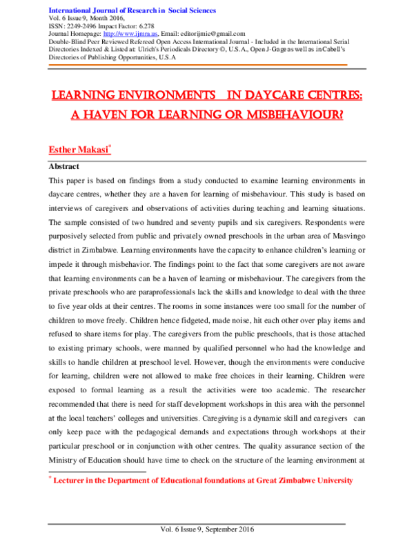 (PDF) LEARNING ENVIRONMENTS IN DAYCARE CENTRES: A HAVEN FOR LEARNING OR ...