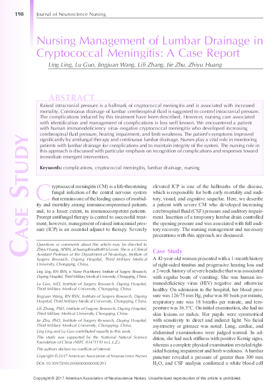 (PDF) Nursing Management of Lumbar Drainage in Cryptococcal Meningitis