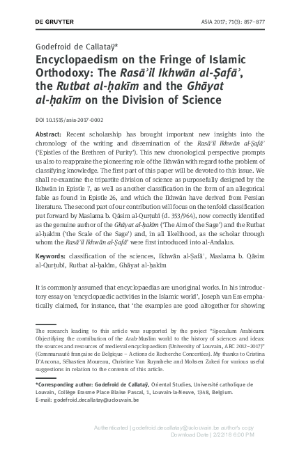 de Callataÿ Encyclopaedism on the Fringe of Islamic Orthodoxy The