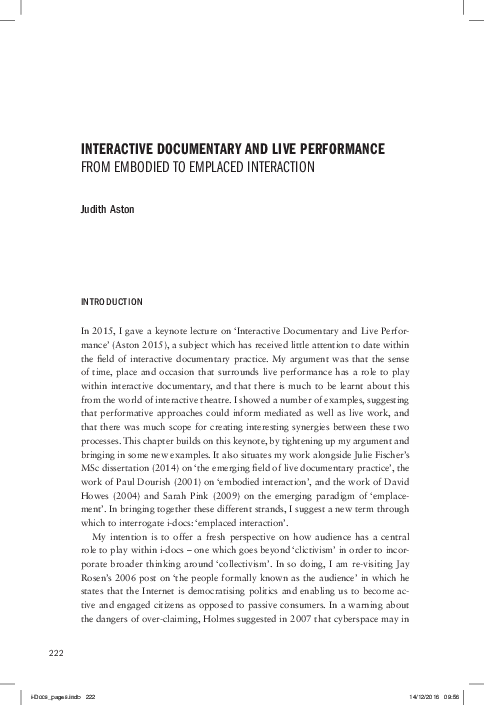 (PDF) Interactive documentary and live performance: From embodied to ...