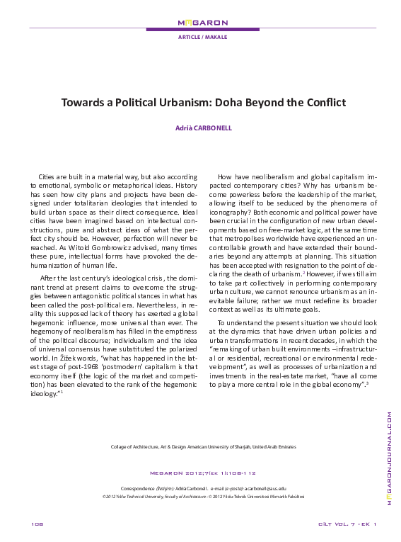 (PDF) Towards a Political Urbanism: Doha Beyond the Conflict