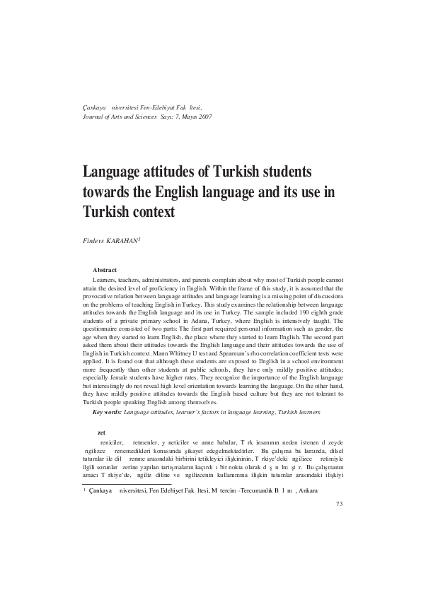 (PDF) Language attitudes of Turkish students towards the English ...
