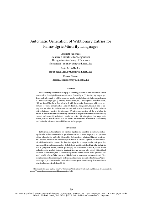 (PDF) Automatic Generation of Wiktionary Entries for FinnoUgric