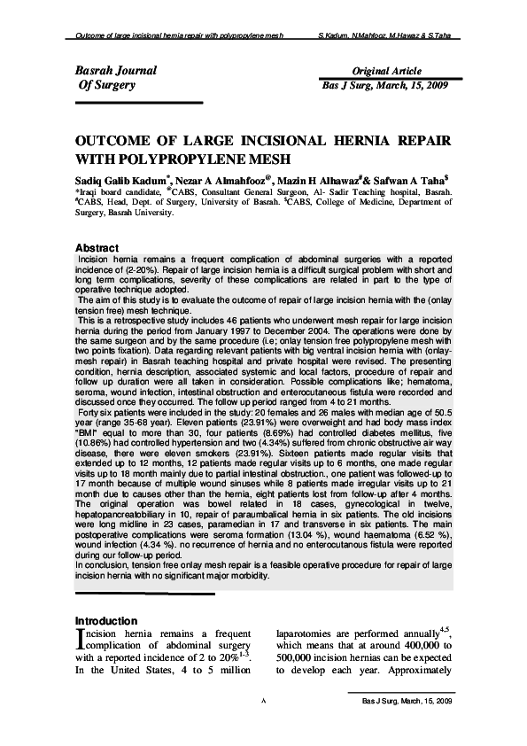 (PDF) Prosthetic repair of incisional hernia combined with elective