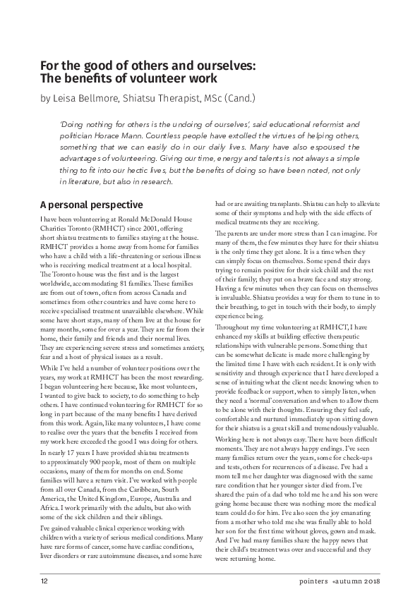 (PDF) For the Good of Others and Ourselves: The Benefits of Volunteer Work