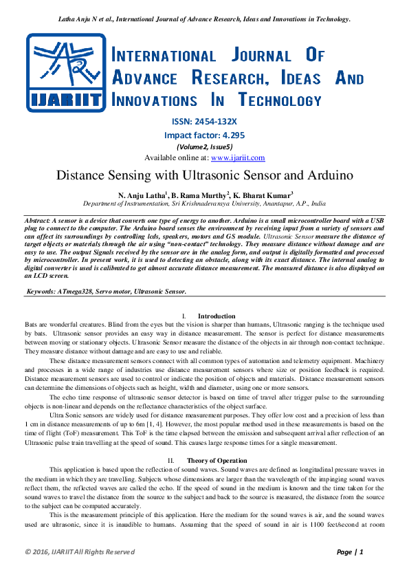 (PDF) Distance Sensing with Ultrasonic Sensor and Arduino